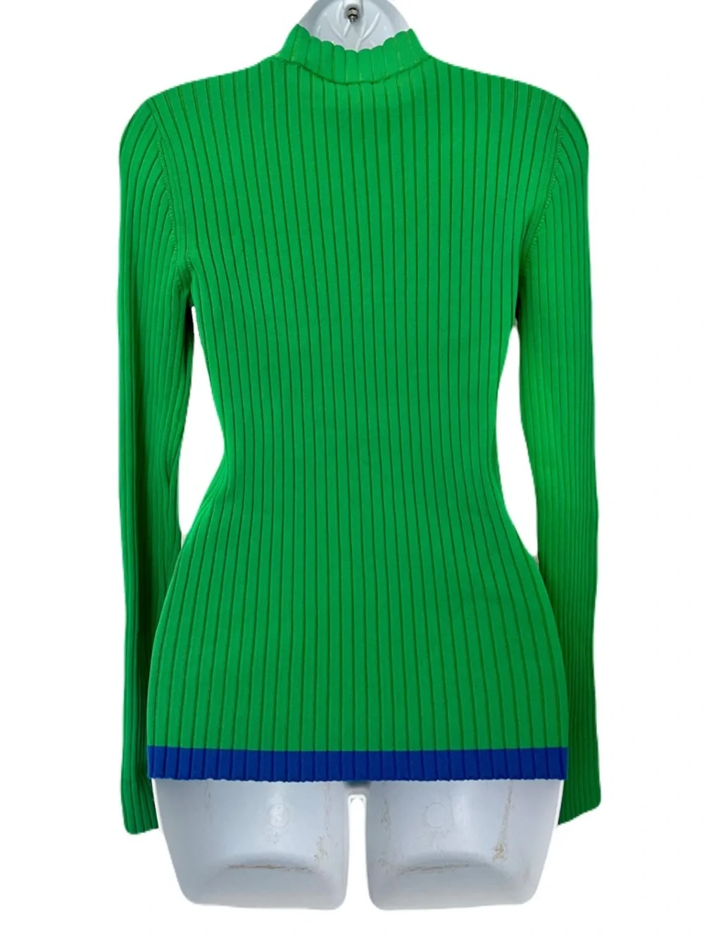 Tory Burch Green Ribbed Mock Turtleneck with Blue Trim, Size S